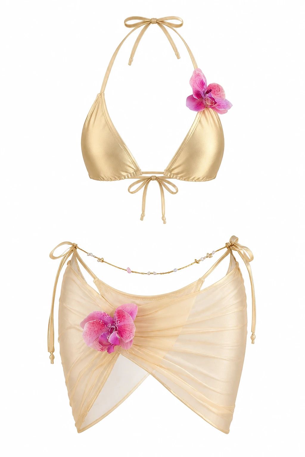 Beige two-piece swimsuit with flower detail shown without a visible mannequin