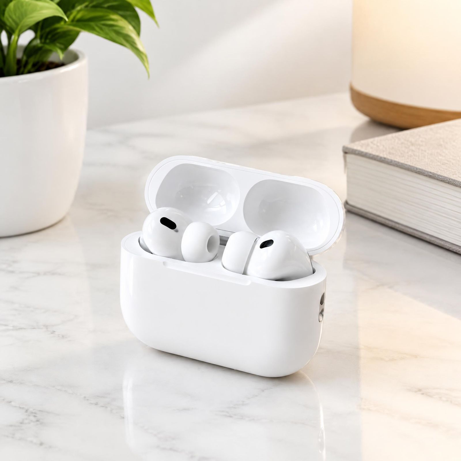 Wireless earbuds in a realistic desktop scene
