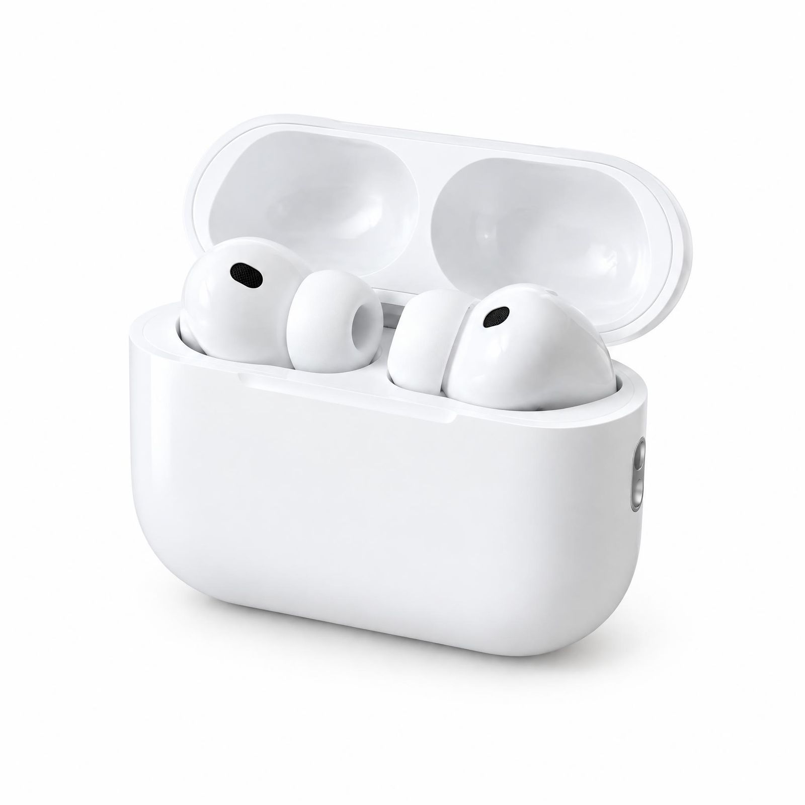 Wireless earbuds on a clean white background