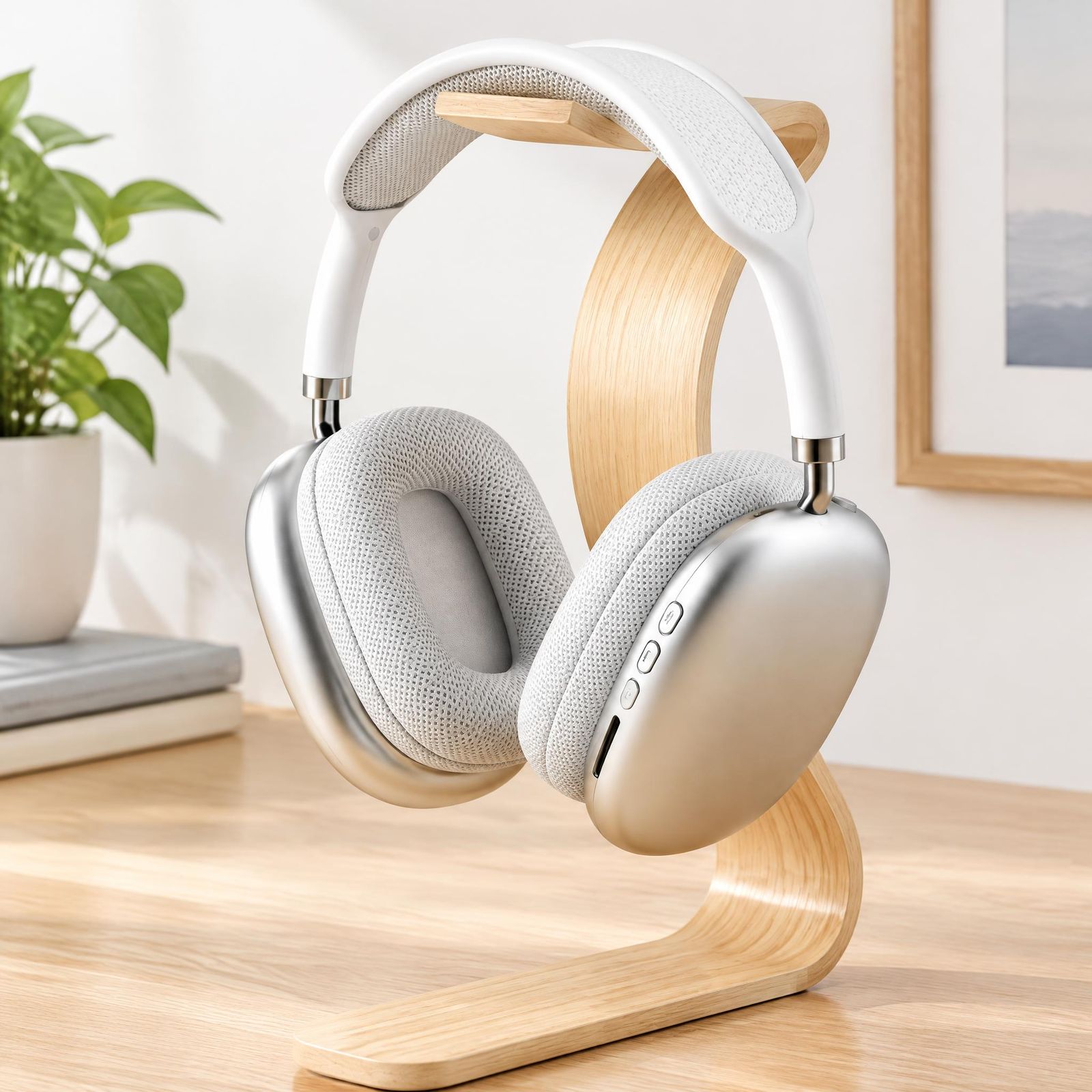Over-ear headphones in a polished desk scene