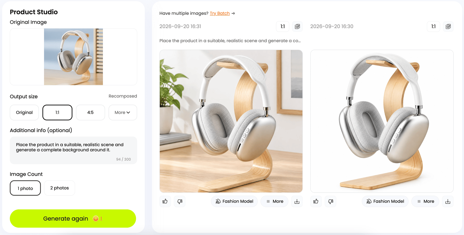 Snappyit Product Studio editor showing a headphones source image, scene instructions, and generated scene and white-background results