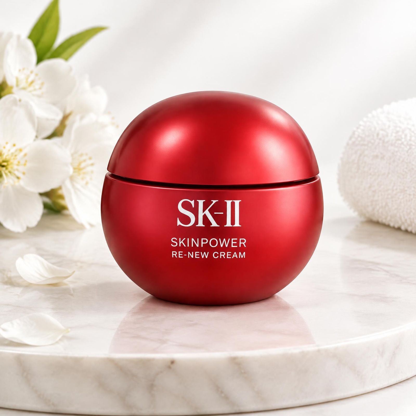 SK-II skincare jar in a styled beauty scene