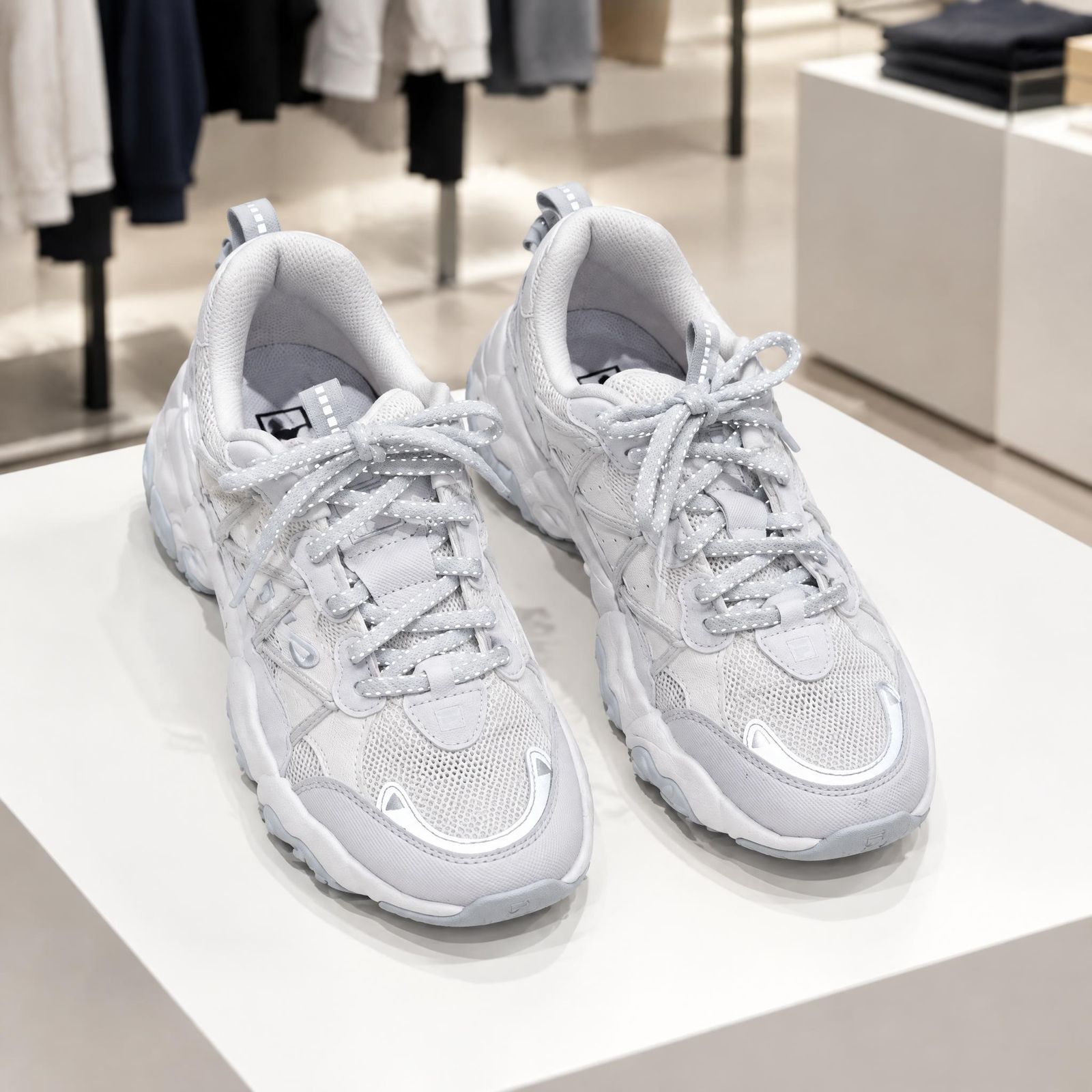 Grey sneakers displayed on a white table in a retail store
