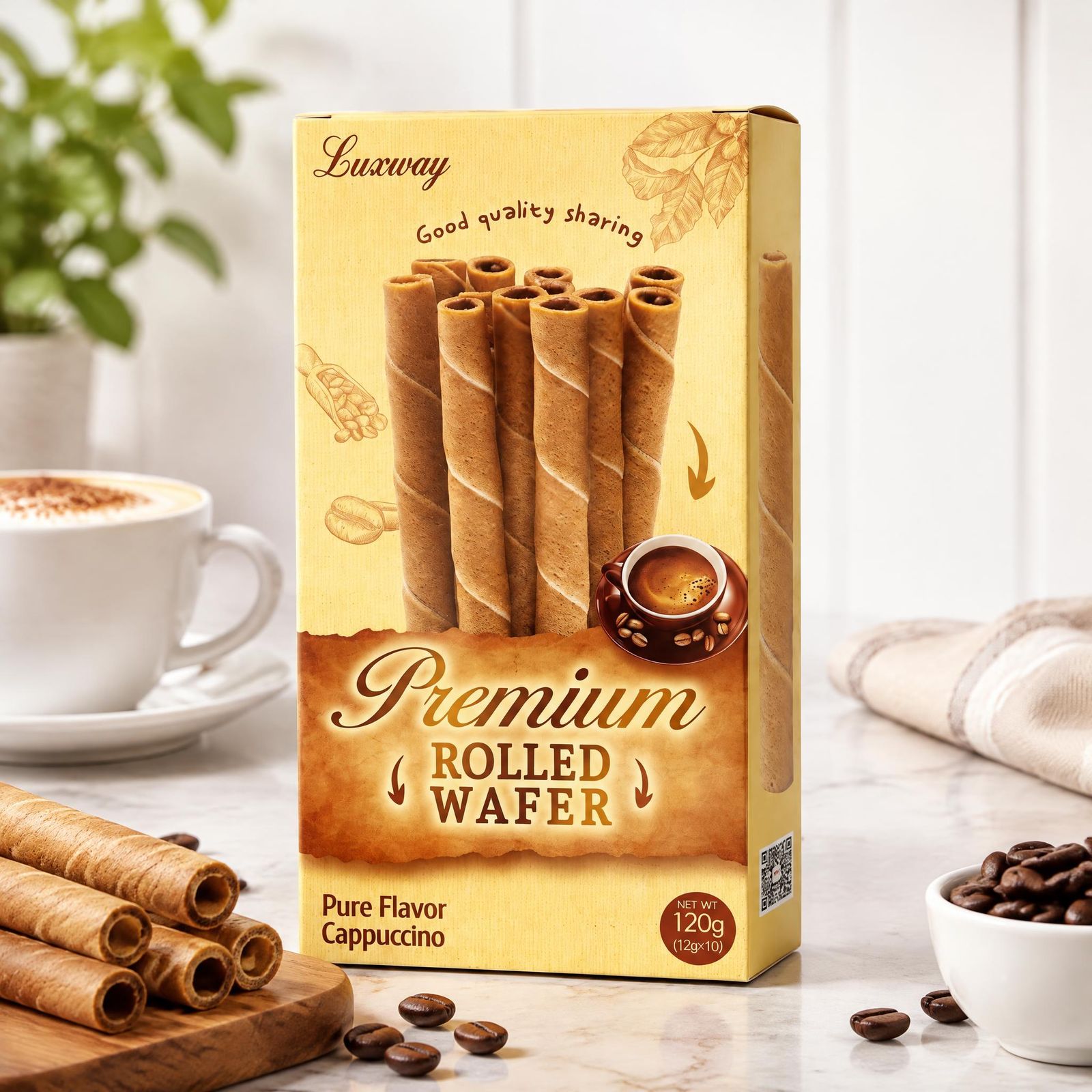 Packaged wafer snack in a realistic food scene