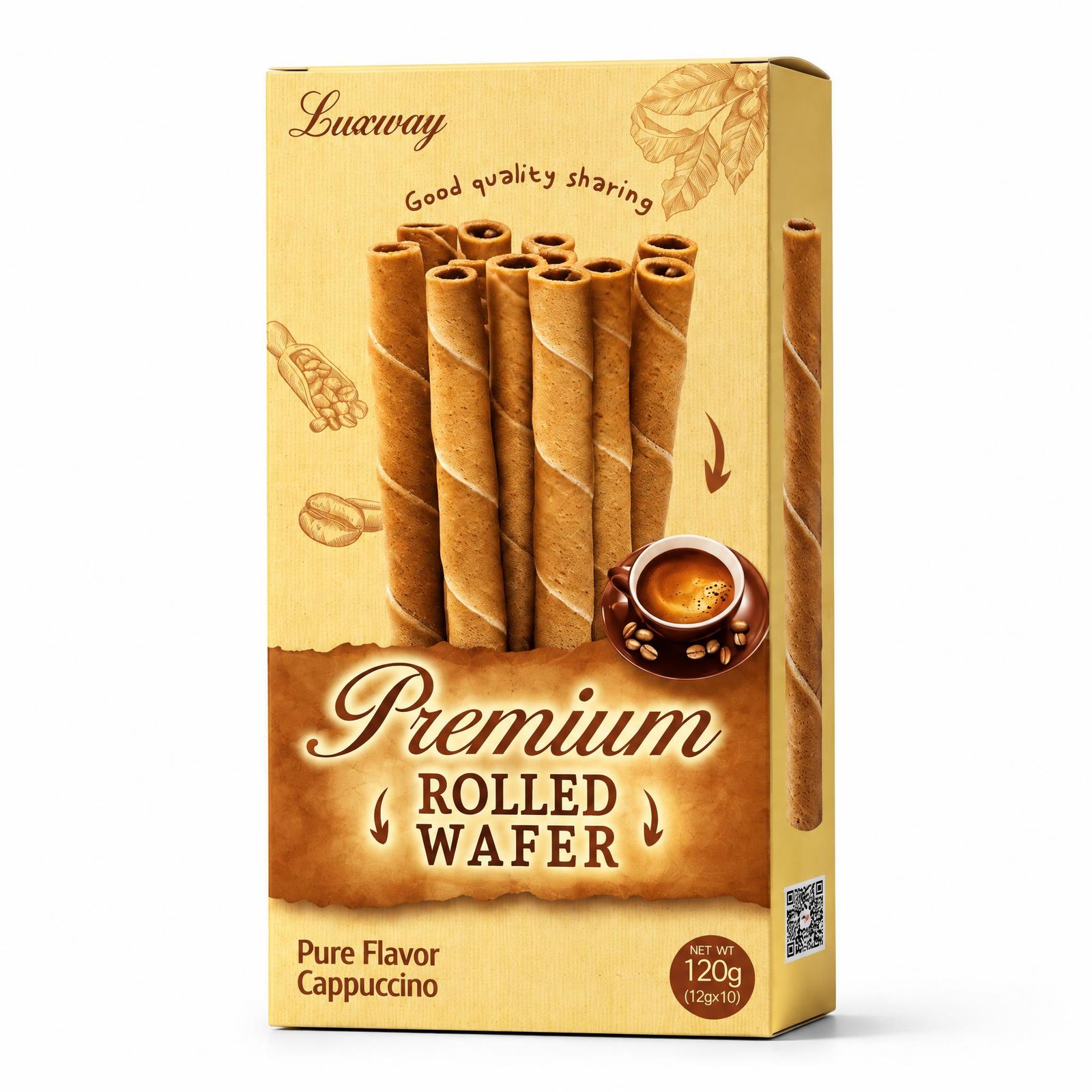 Packaged wafer snack on a clean white background