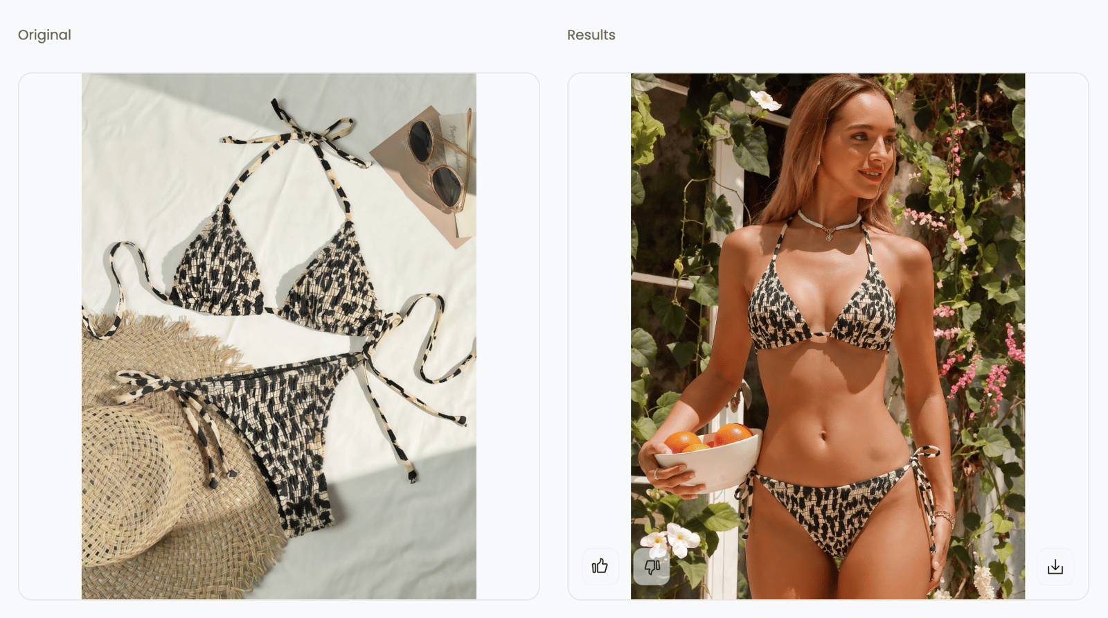 Printed bikini source photo and Snappyit lifestyle model result