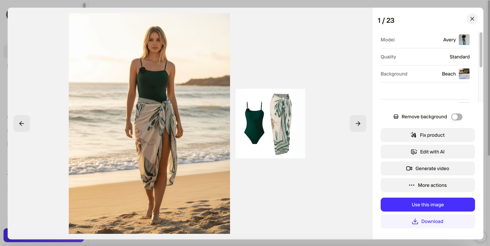 PhotoRoom beach result for the green swimsuit and printed cover-up
