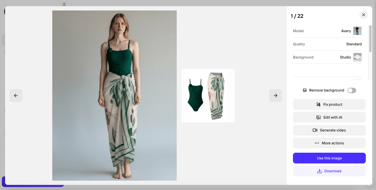 PhotoRoom studio result for the green swimsuit and printed cover-up