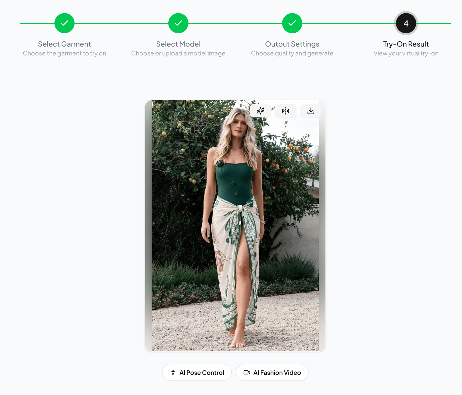 WearView lifestyle result for the green swimsuit and printed cover-up
