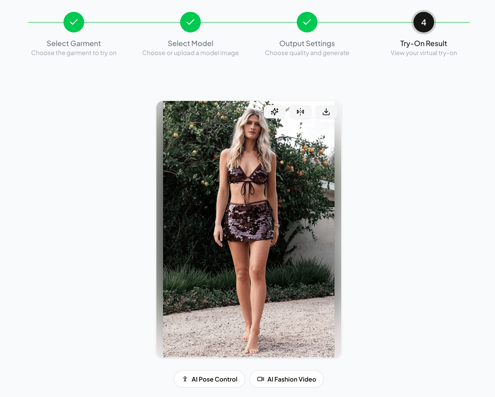 WearView lifestyle result for the brown sequin bikini and matching skirt