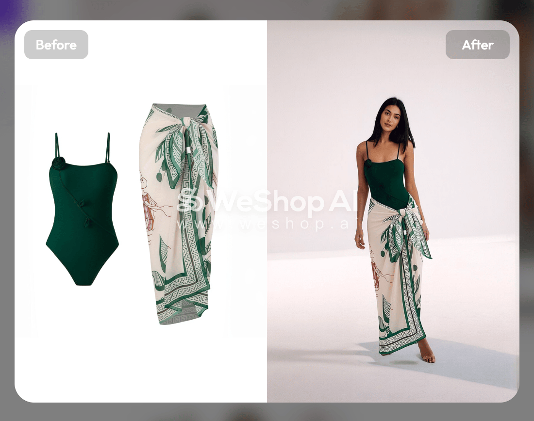 WeShop studio result for the green swimsuit and printed cover-up with one foot missing