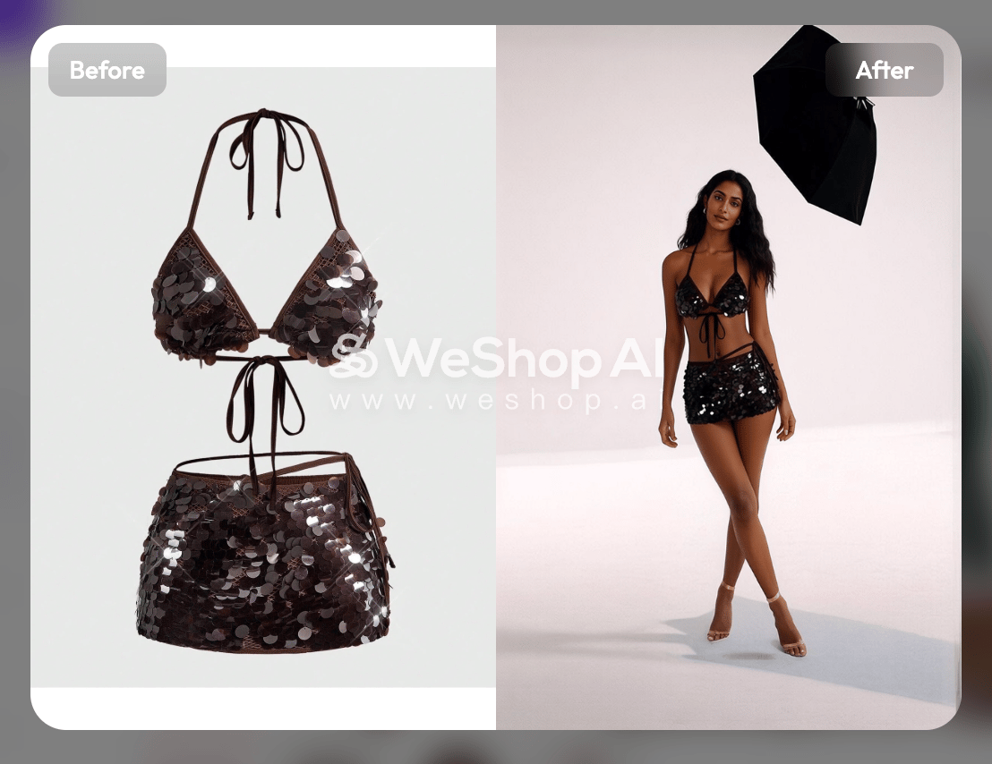 WeShop studio result for the brown sequin bikini and matching skirt with an added black studio light