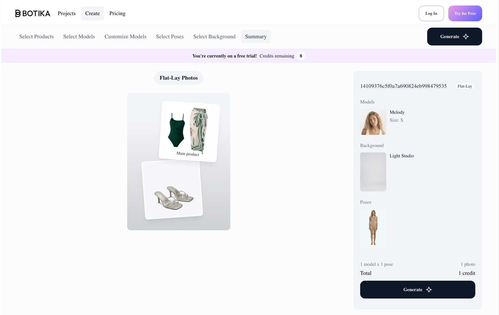 Botika workspace with product, model, pose, background, and generation-summary controls
