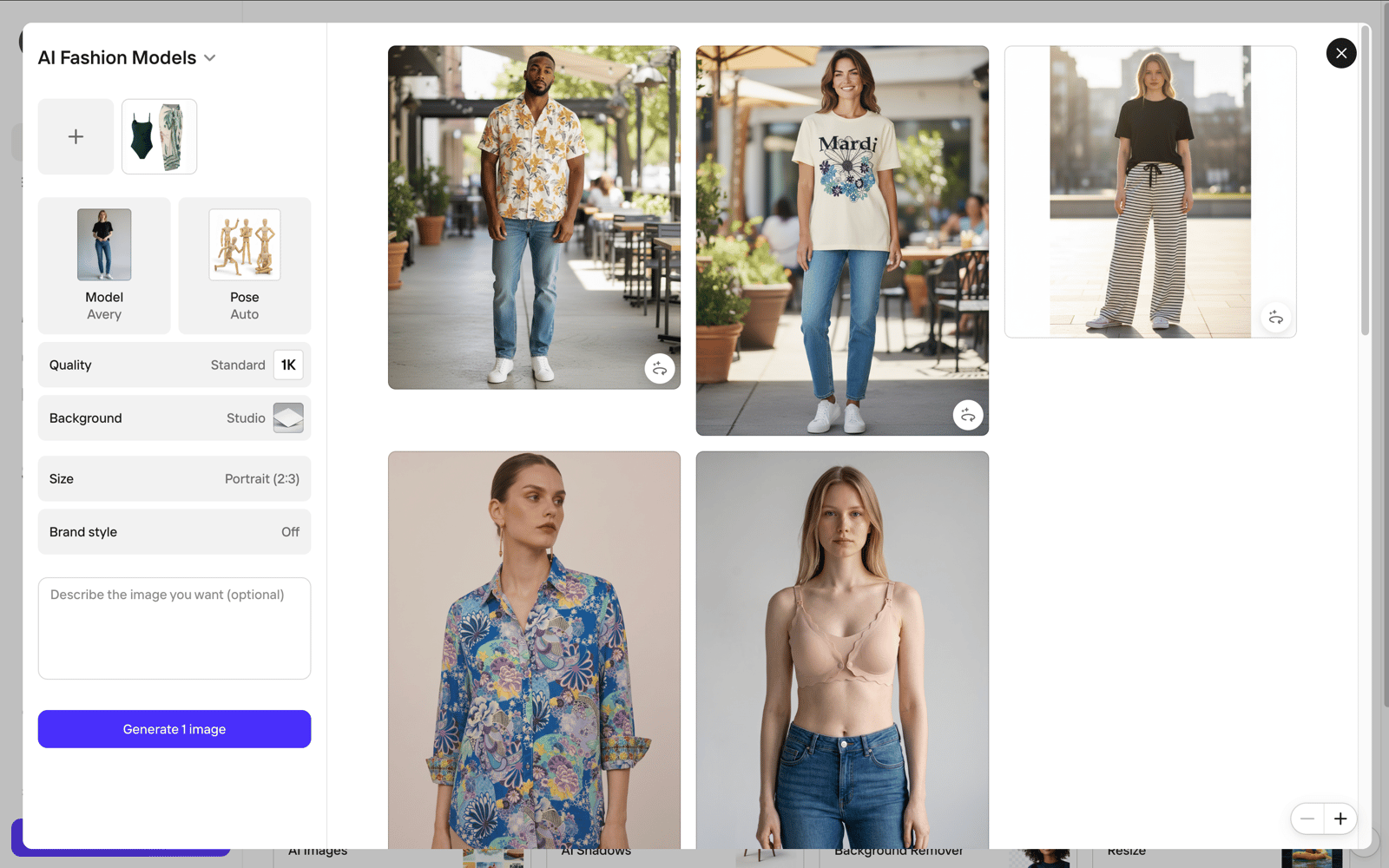 PhotoRoom AI Fashion Models workspace with model, pose, background, quality, and size controls