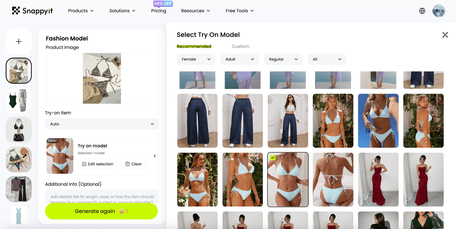 Snappyit Fashion Model workspace with product upload, template selection, and optional prompt controls