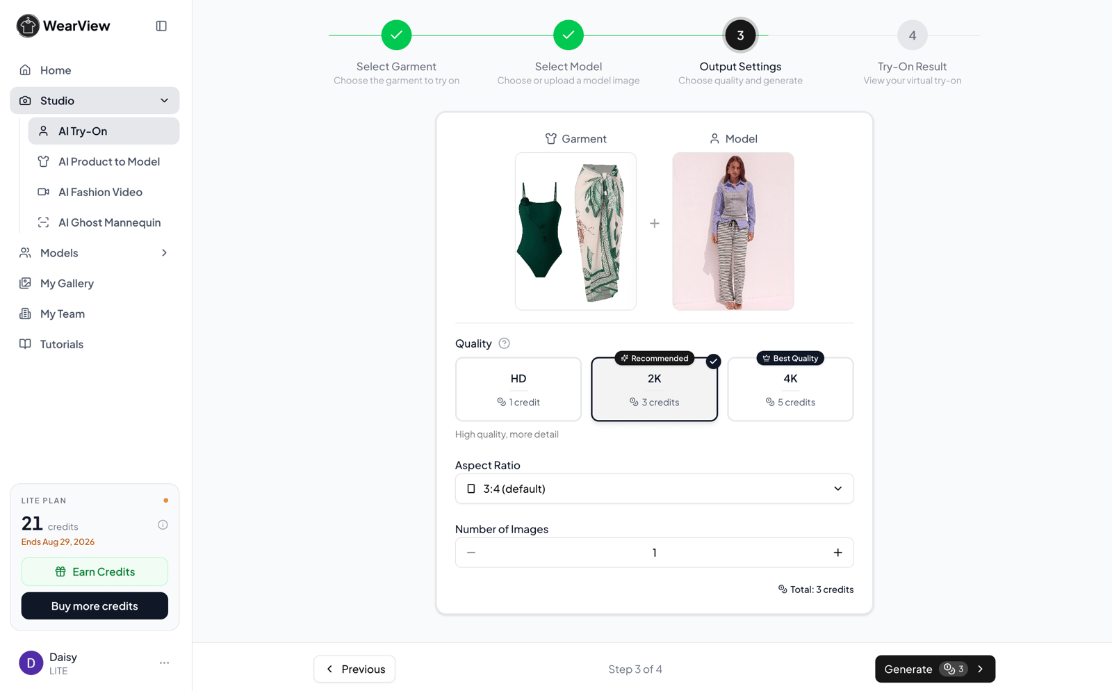 WearView AI Try-On workspace with garment, model, quality, aspect-ratio, and image-count controls
