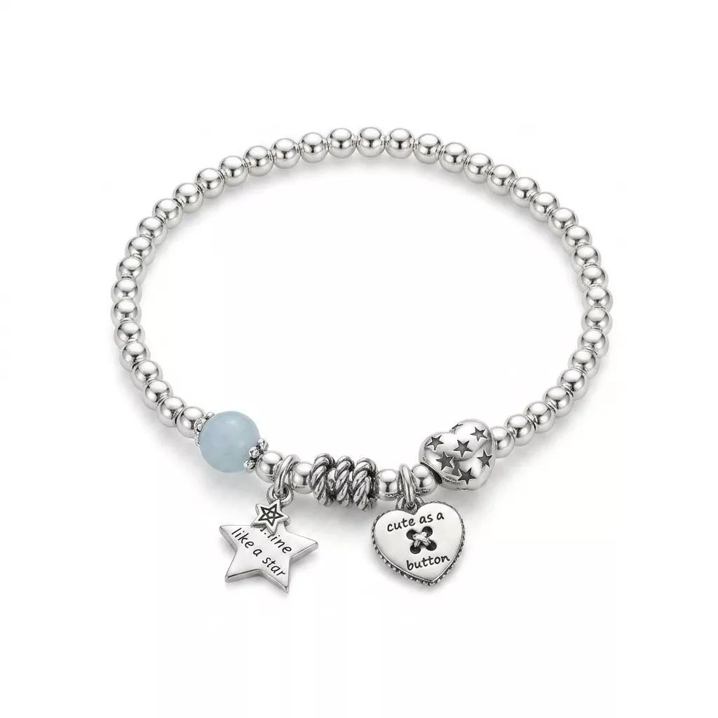 Snappyit Jewelry Retouch output — silver charm bracelet on white background with engraved star and heart charms kept sharp