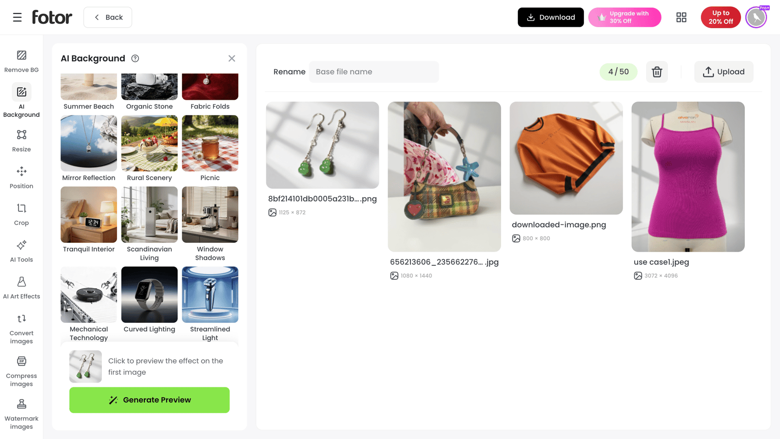 Fotor batch AI Background results for four different ecommerce products