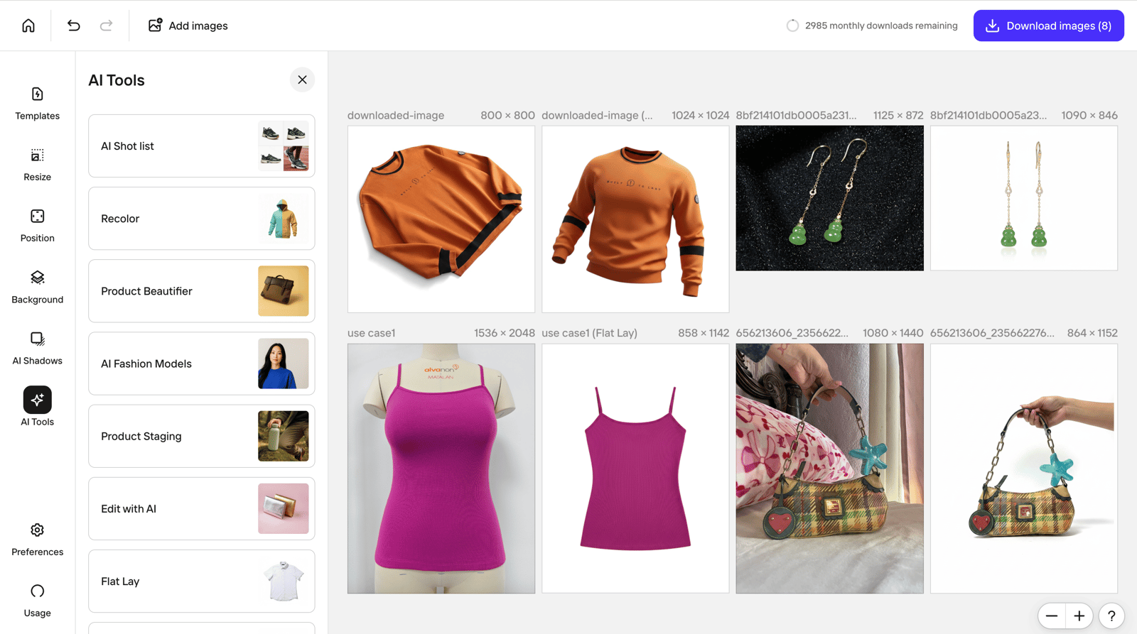 Photoroom workspace pairing source products with generated results