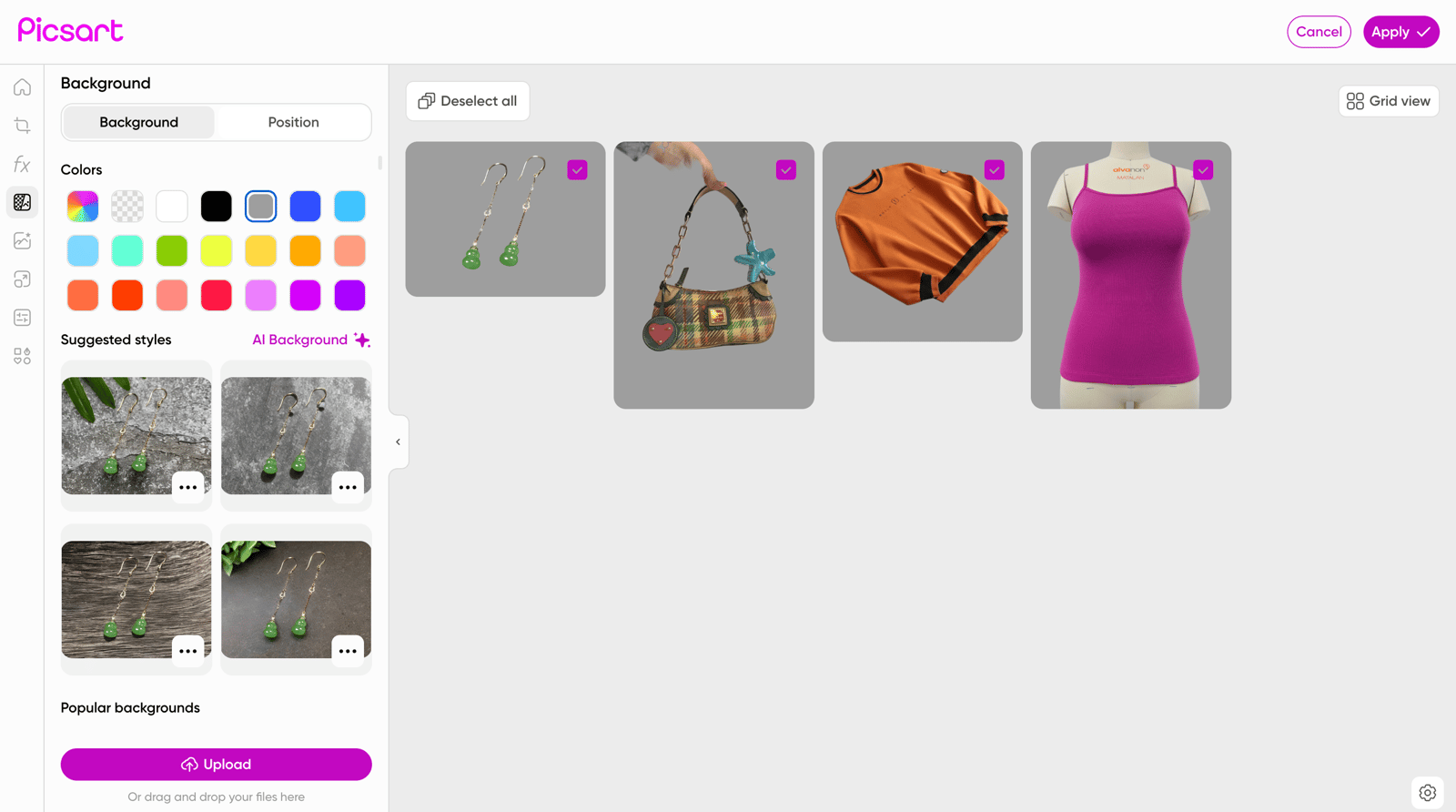 Picsart bulk editor with four individually selectable product images on gray