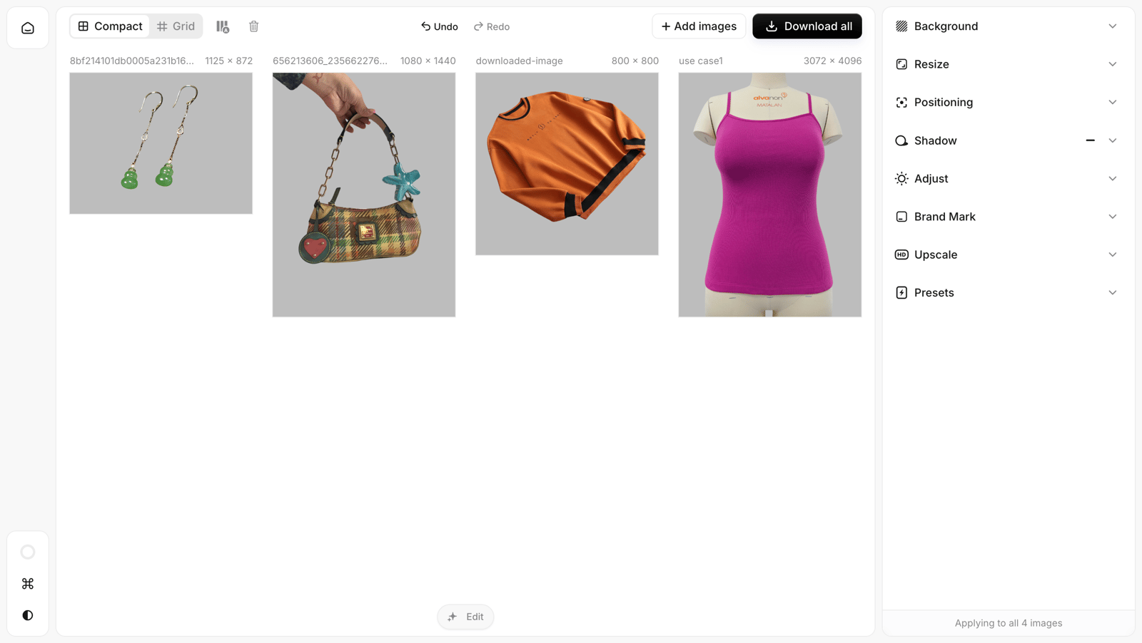 Pixelcut batch applying a gray background to four product images