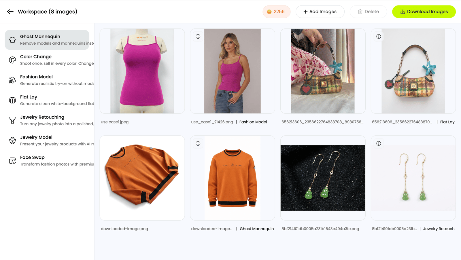 Snappyit batch workspace pairing four source products with generated results