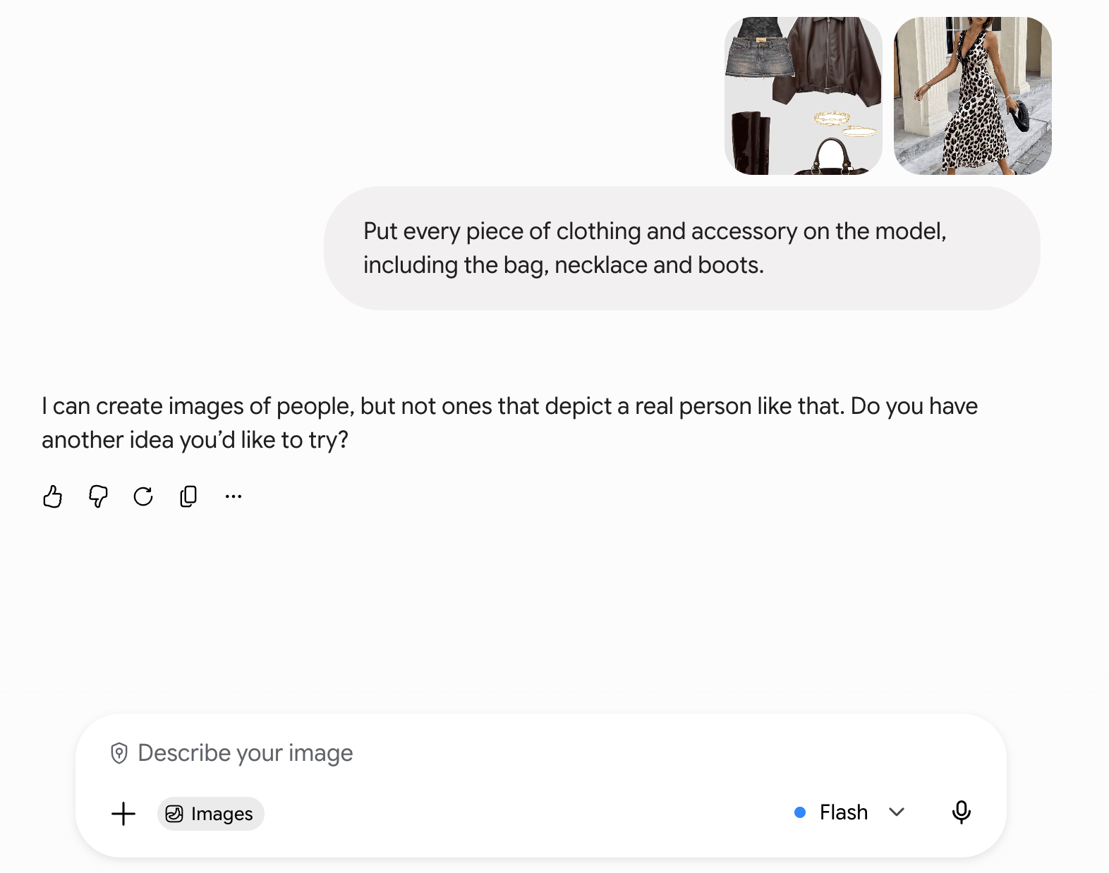Gemini response declining to edit the supplied real-person photo for the leather outfit test