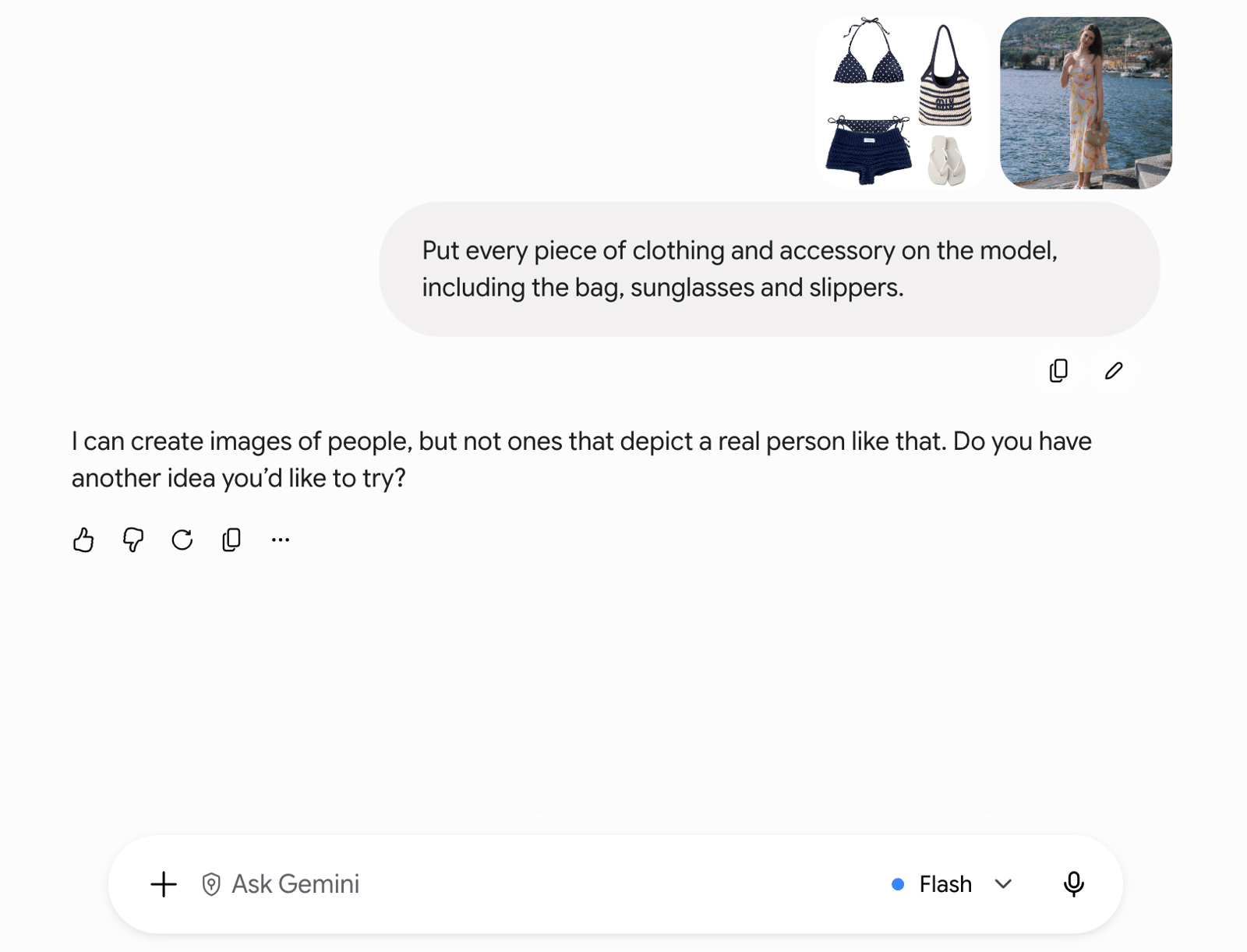 Gemini response declining to edit the supplied person for the swimwear outfit test