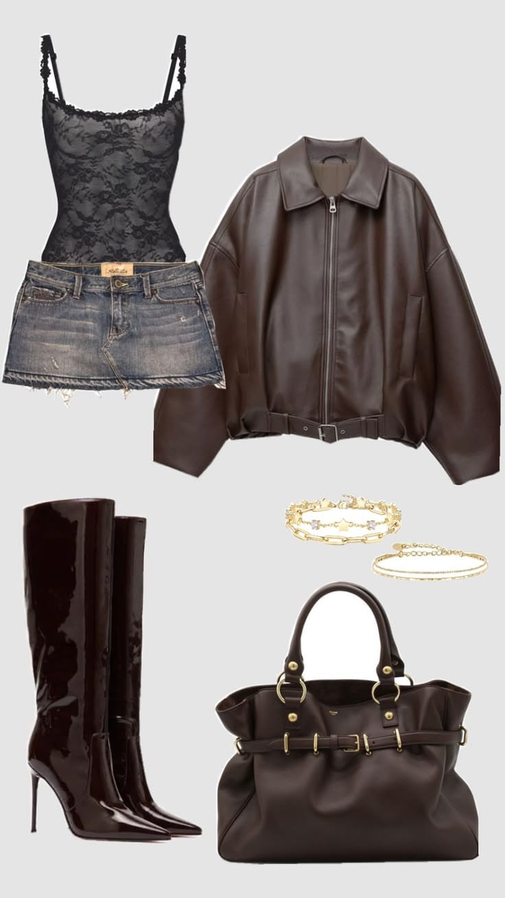Pinterest-inspired leather jacket, denim skirt, boots, handbag and necklace outfit reference