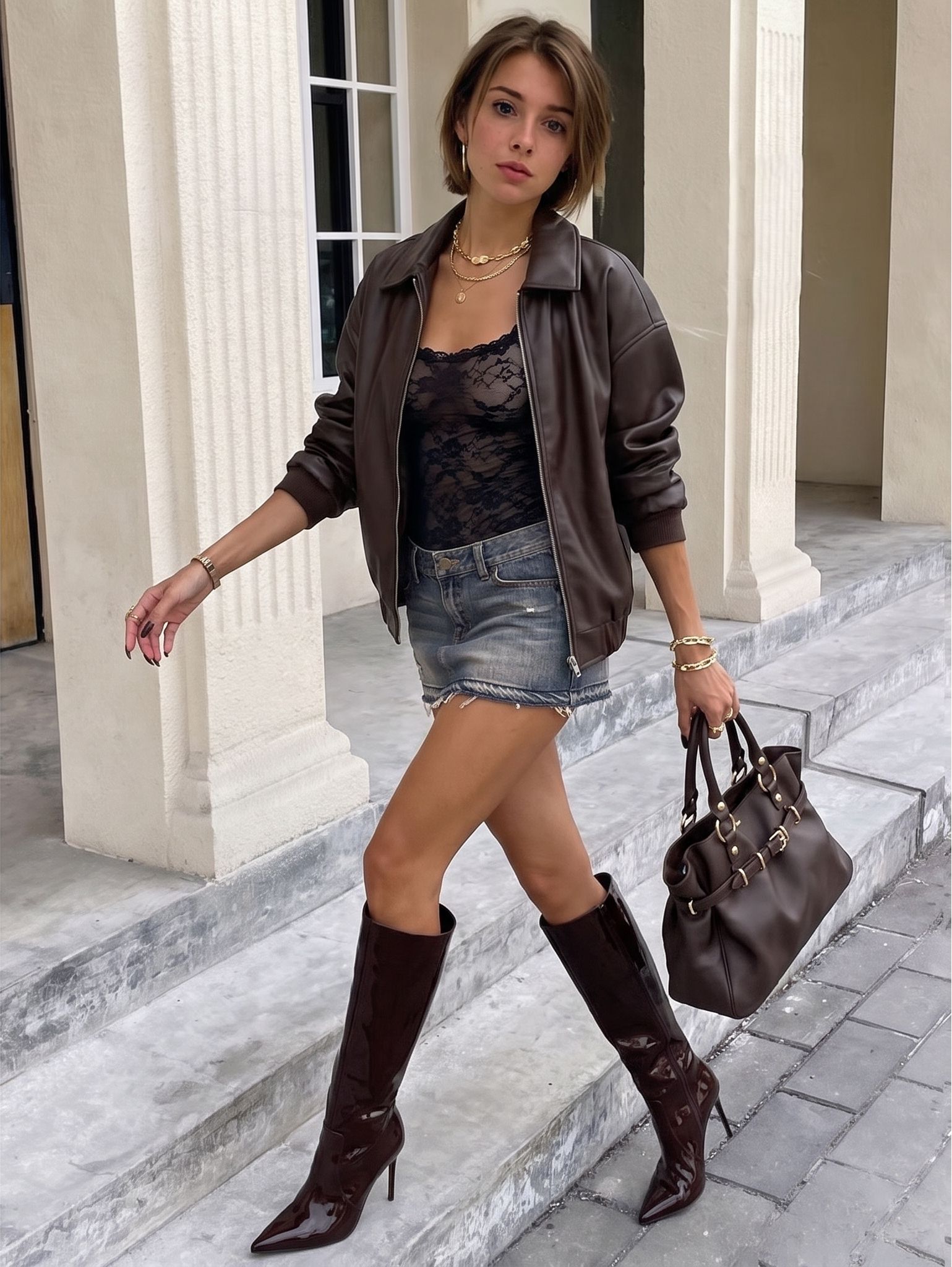 Snappyit result applying the leather jacket outfit to the supplied person