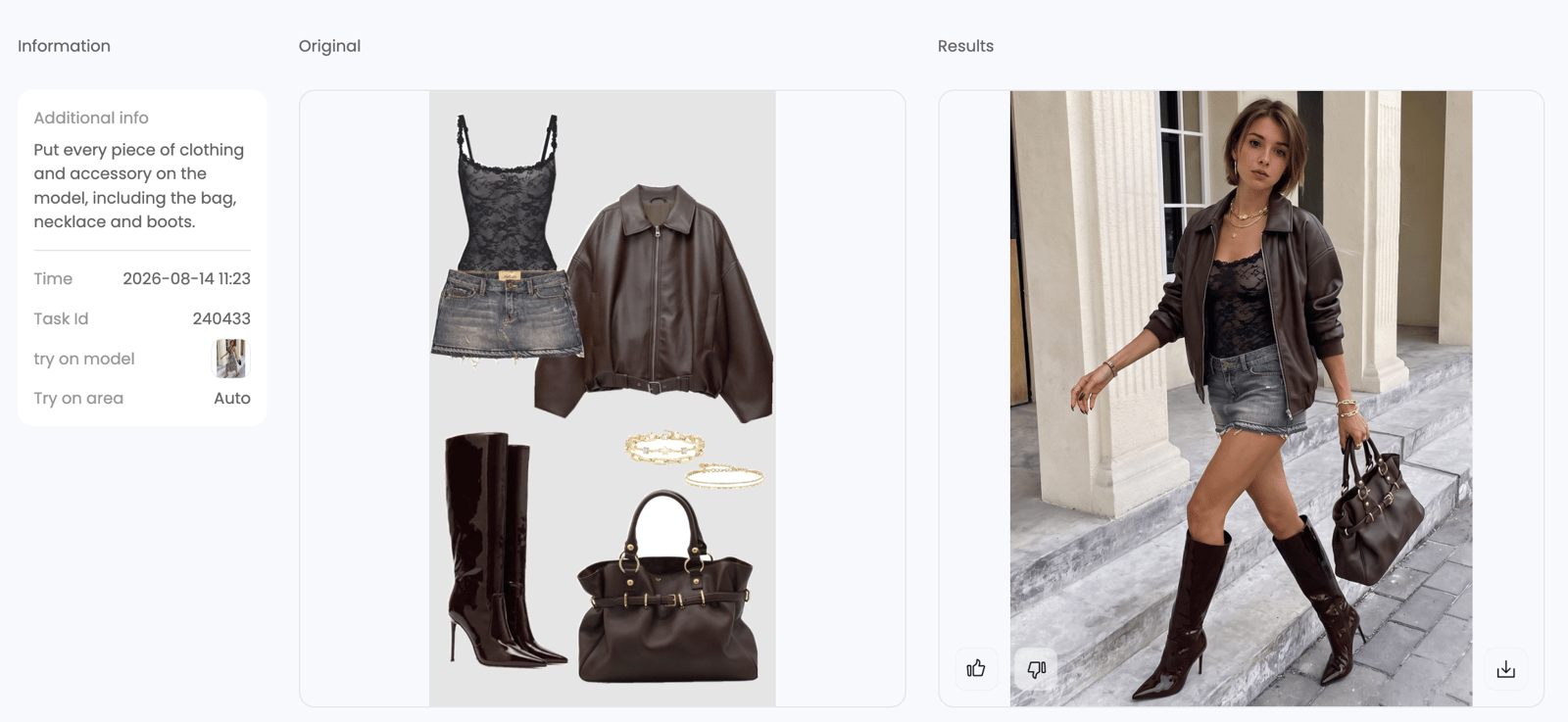 Snappyit workflow showing the leather outfit reference, shared prompt and completed result
