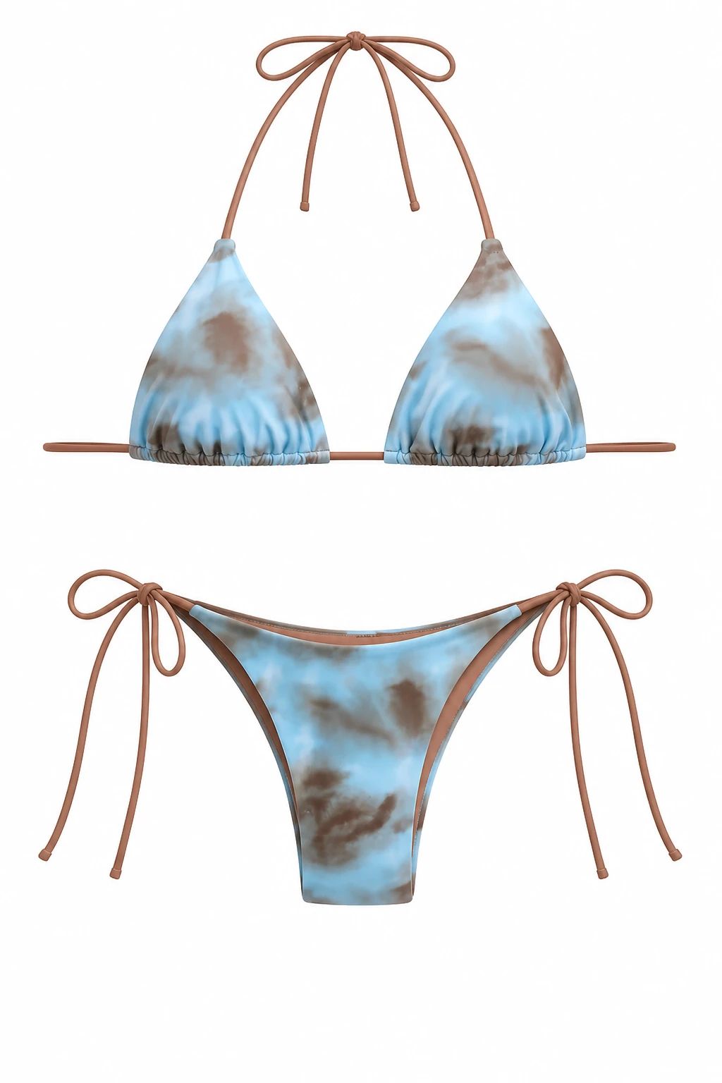 Ghost mannequin view of the blue-and-brown bikini