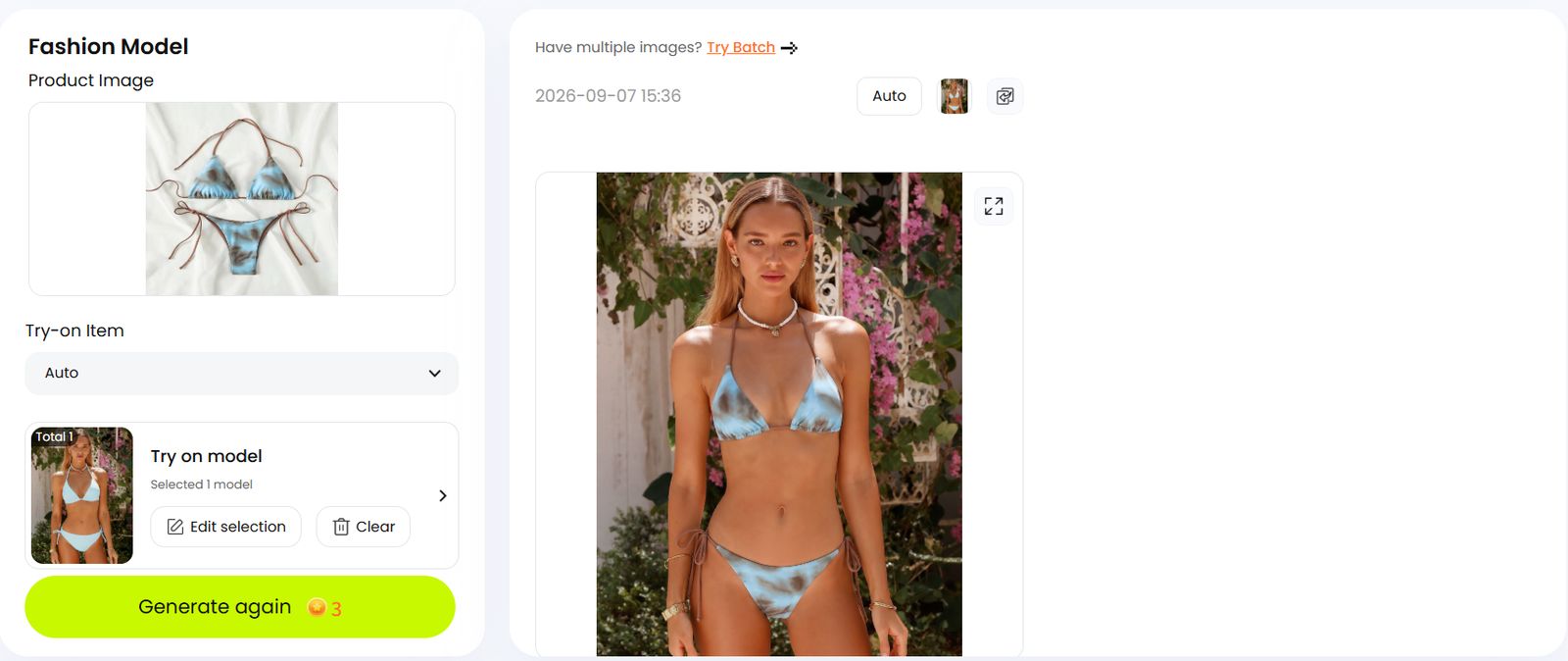 Fashion Model interface with the bikini source, model selection and result