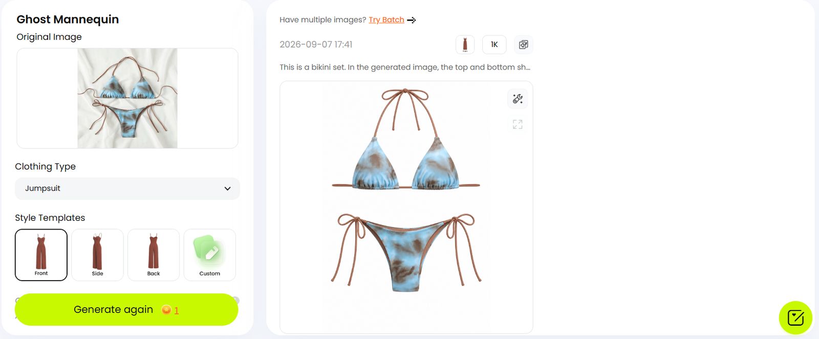 Ghost Mannequin interface with the bikini source and model-free result