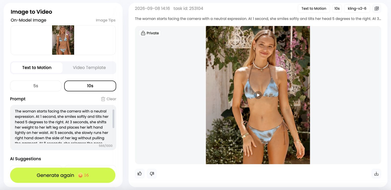 Image to Video interface with the bikini model photo and Text to Motion
