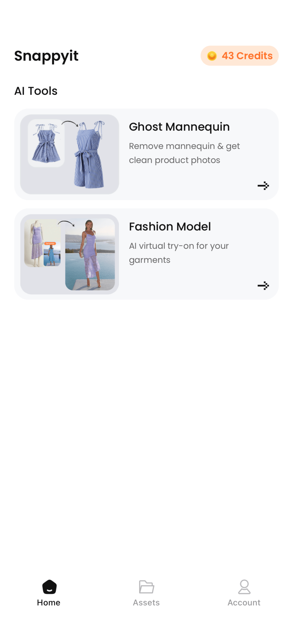 Snappyit mobile app home screen with the Fashion Model tool