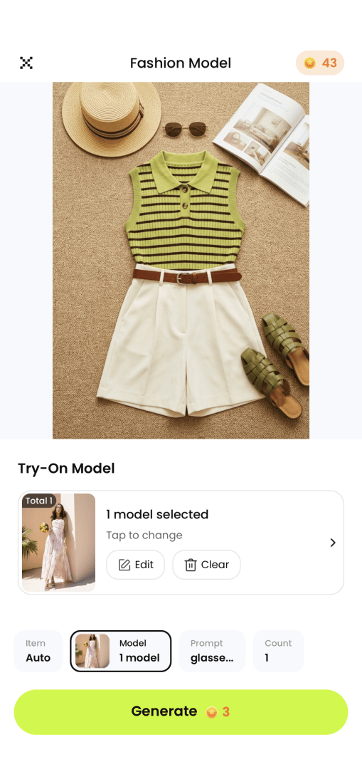 Snappyit Fashion Model screen for uploading a garment and choosing a model