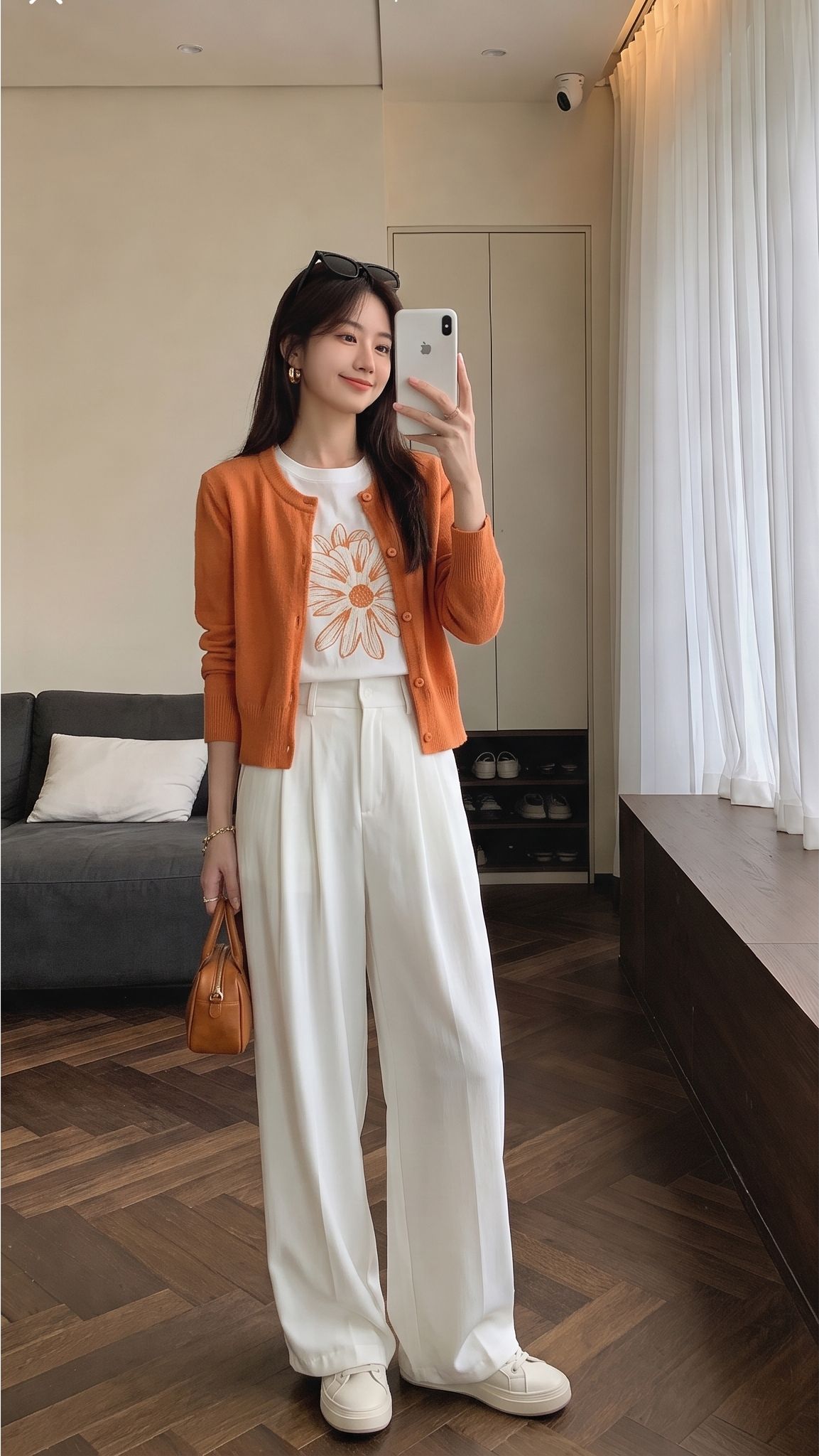 Custom model wearing the orange cardigan and white trousers