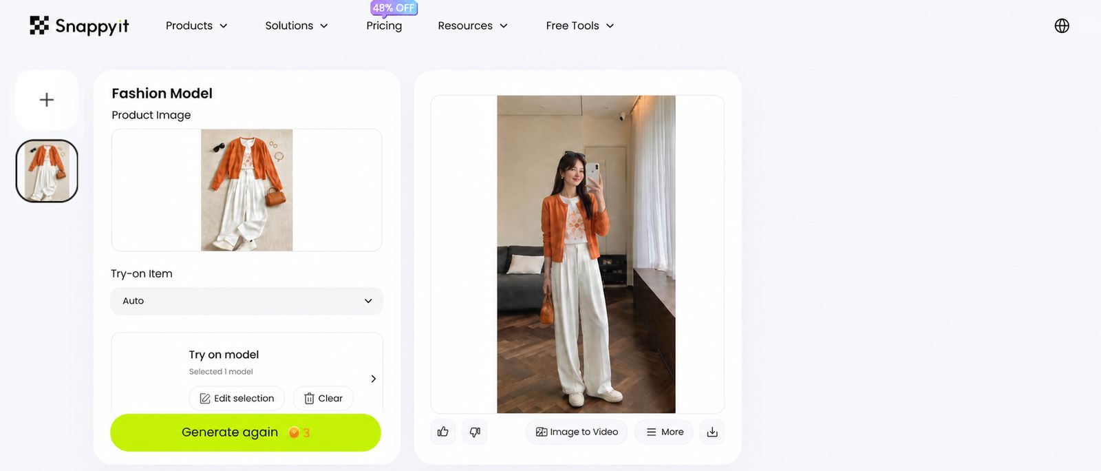 Snappyit Fashion Model workspace showing an orange outfit preview