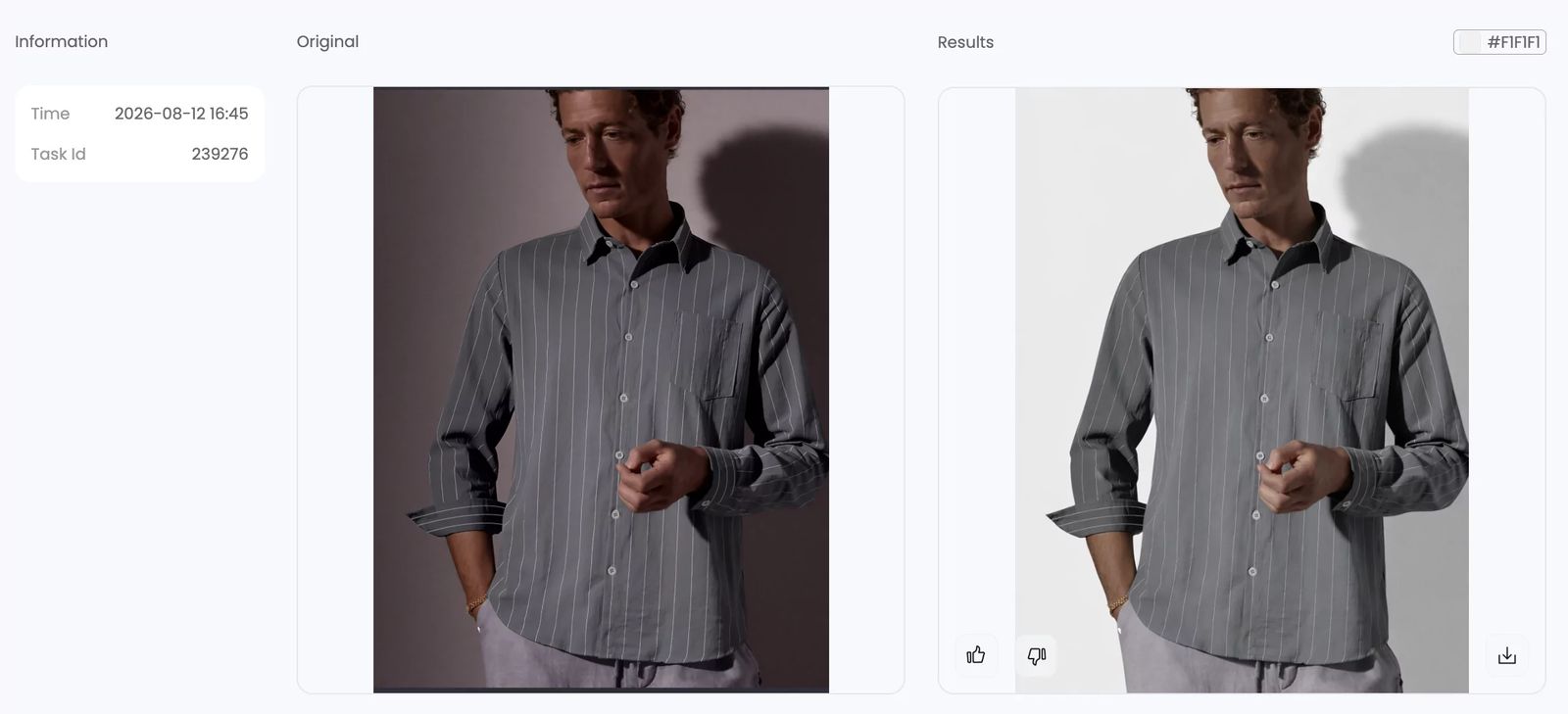 Before and after AI background color change from a warm dark wall to light gray while retaining natural subject lighting and shadow
