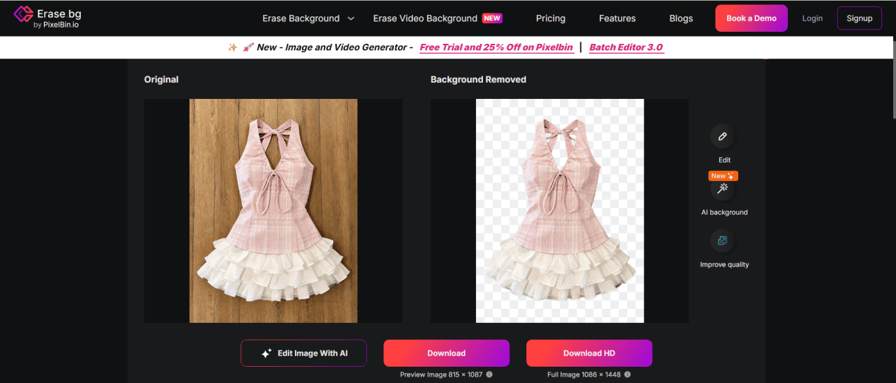 Erase.bg workspace comparing the source with the cutout preview