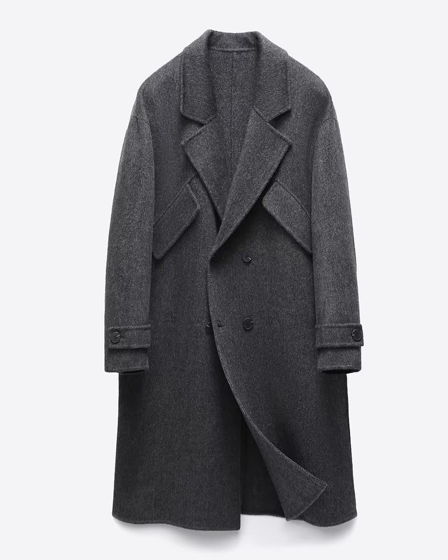 Source product photo of a dark gray men's long coat
