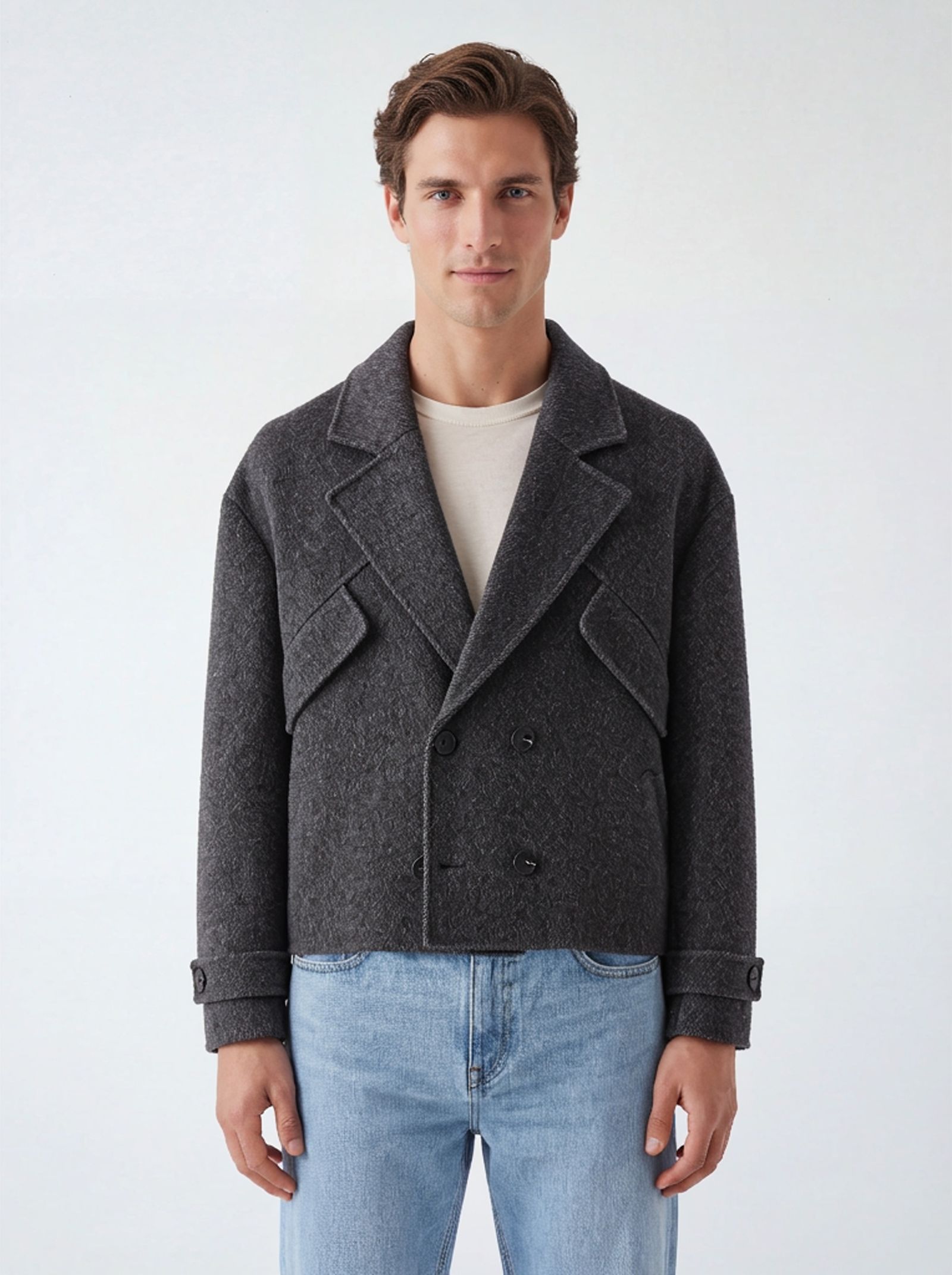WearView result that changed the men's long coat into a short upper-body garment