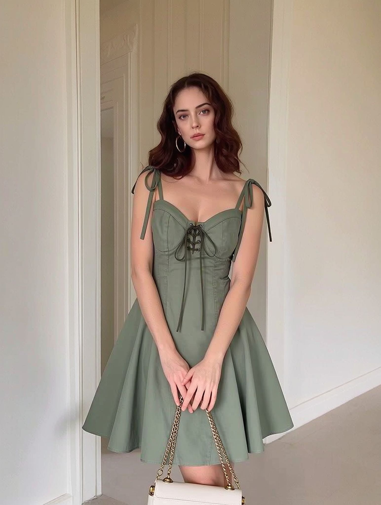 WeShop AI result for the sage-green corset-style dress using a styled template