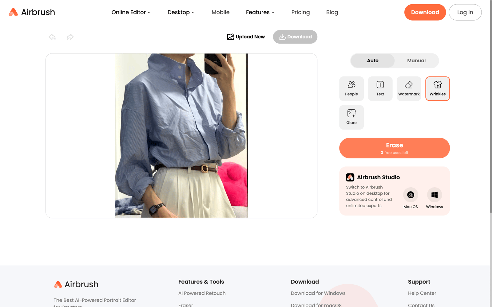 AirBrush browser interface for AI clothes wrinkle removal