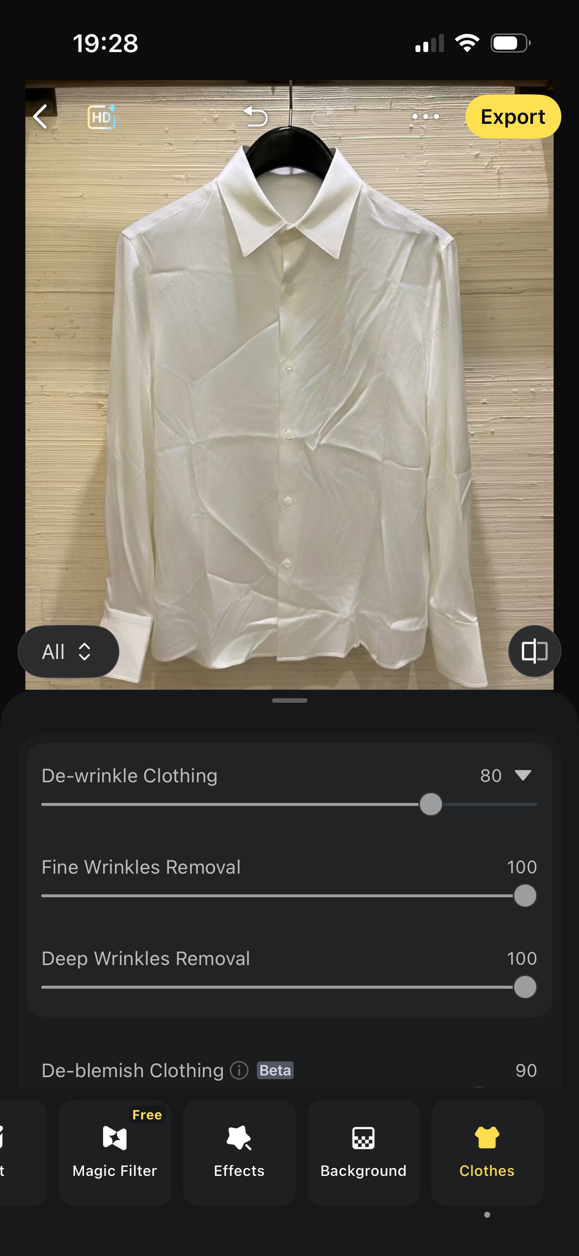 Evoto clothes panel with wrinkle-removal controls