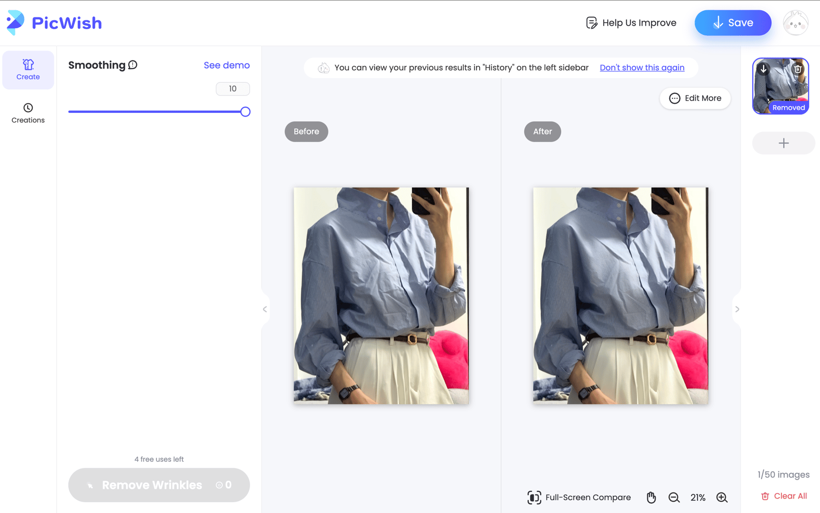 PicWish browser interface showing the before-and-after result
