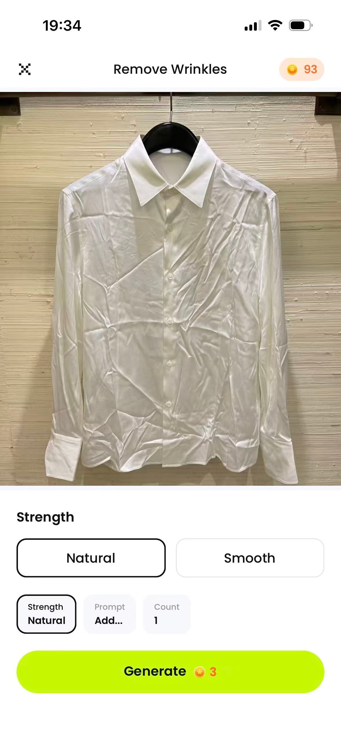 Snappyit Remove Wrinkles screen with Natural selected