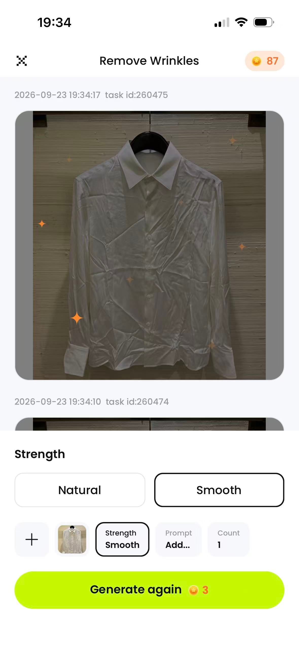 Snappyit Remove Wrinkles screen with Smooth selected