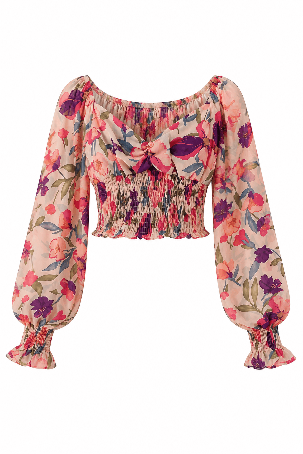 Floral chiffon top rebuilt as a ghost-mannequin image